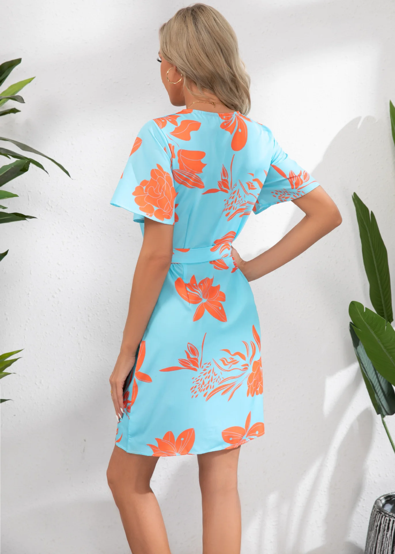 Summer Elegant Commuter Office Ladies Dress Fashion V Neck Belt Dresses For Women Short Sleeve Casual Print Boho Beach Sundress