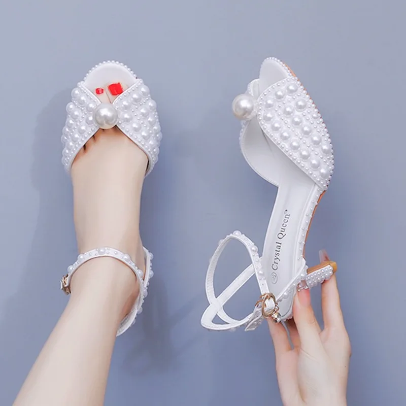 

6.5CM White Fish Mouth High Heel Sandals Buckle Strap Hollow-out Pearl Sandals Female Sexy Bridal Wedding Evening Dress Shoes