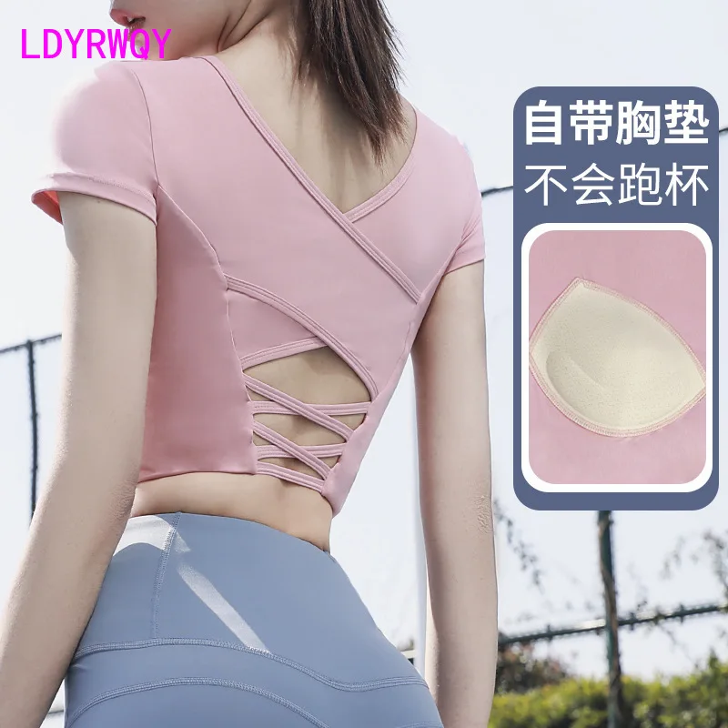 Beautiful Back Cross Yoga Suit Tight Sports Belt Chest Cushion Umbilical Elastic Quick Drying Fitness Short Sleeve T-shirt