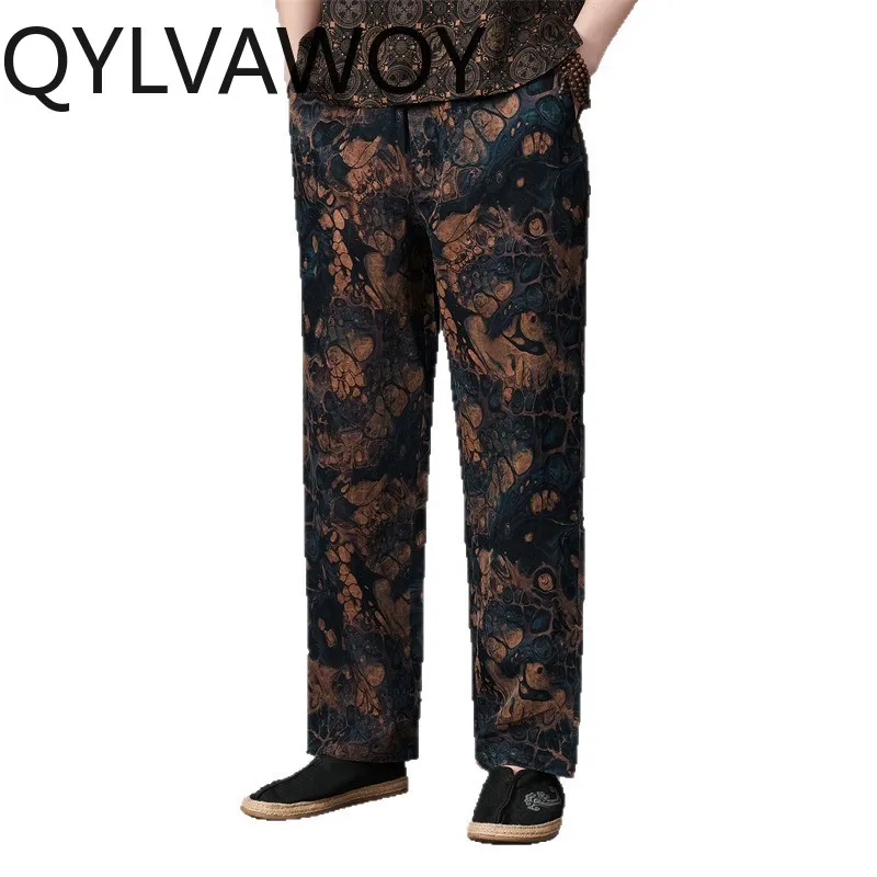 QYLVAWOY Men Pants 100% Mulberry Silk Pants for Man Summer Pants Thin Xiangyunsha Trousers Drawstring Pantalones Hombre Casual