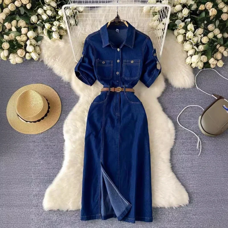

Summer Retro Style High-quality Cotton Split Waist Belt Design Women's Denim Dress Fashion StraightTube Denim Skirt Vacation Set