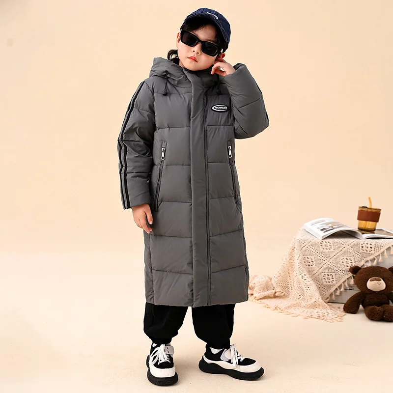 Winter Down Jacket for Kids Black Hooded Windproof Coats Teen Boys Mid-long Outerwear Children Thicken Warm Overcoat 6 8 10 12 Y