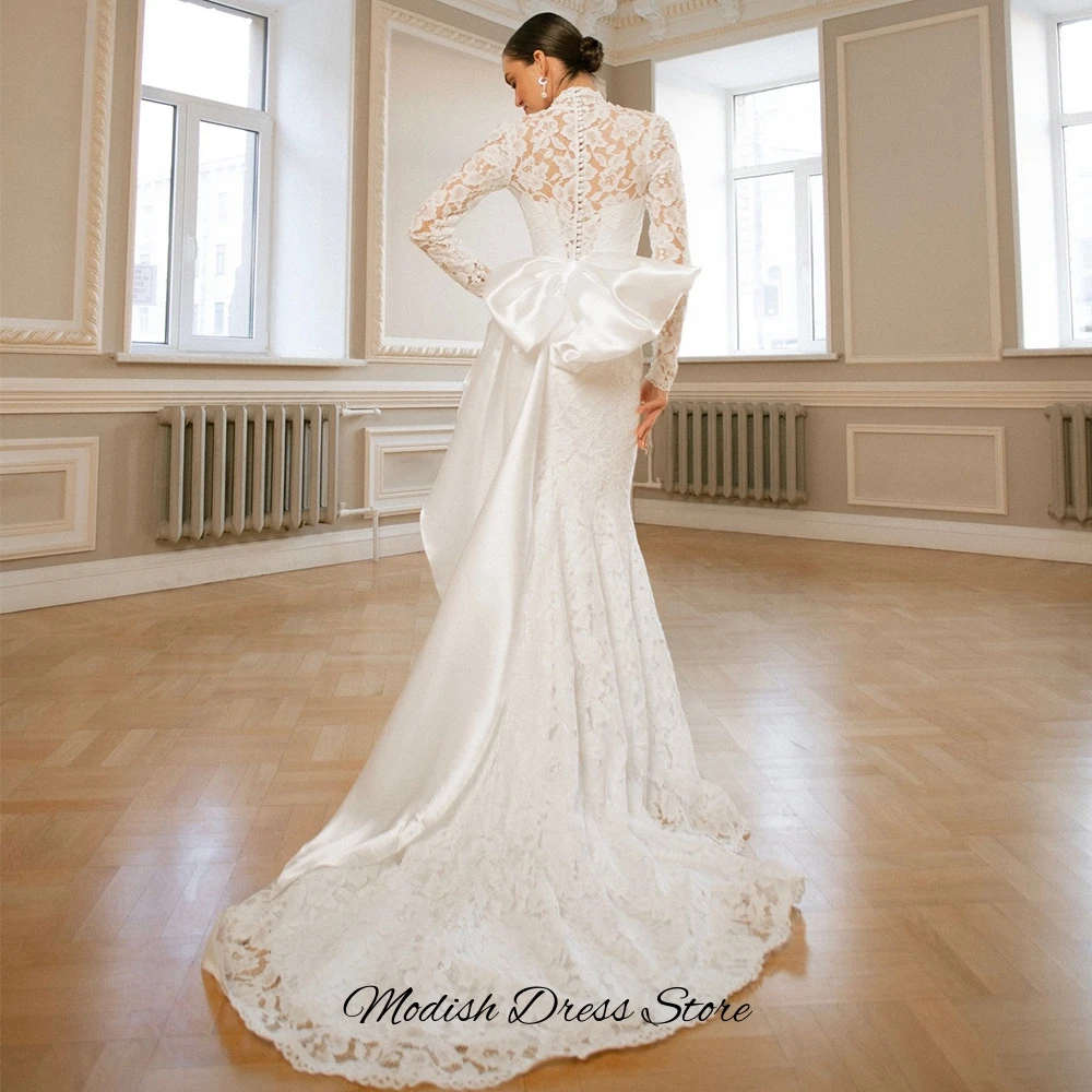 Elegant Customized Mermaid Lace Bridal Gowns Classic High Collar Sleeveless Wedding Dress Delicate Appliques Bow Robe de mariée image 2