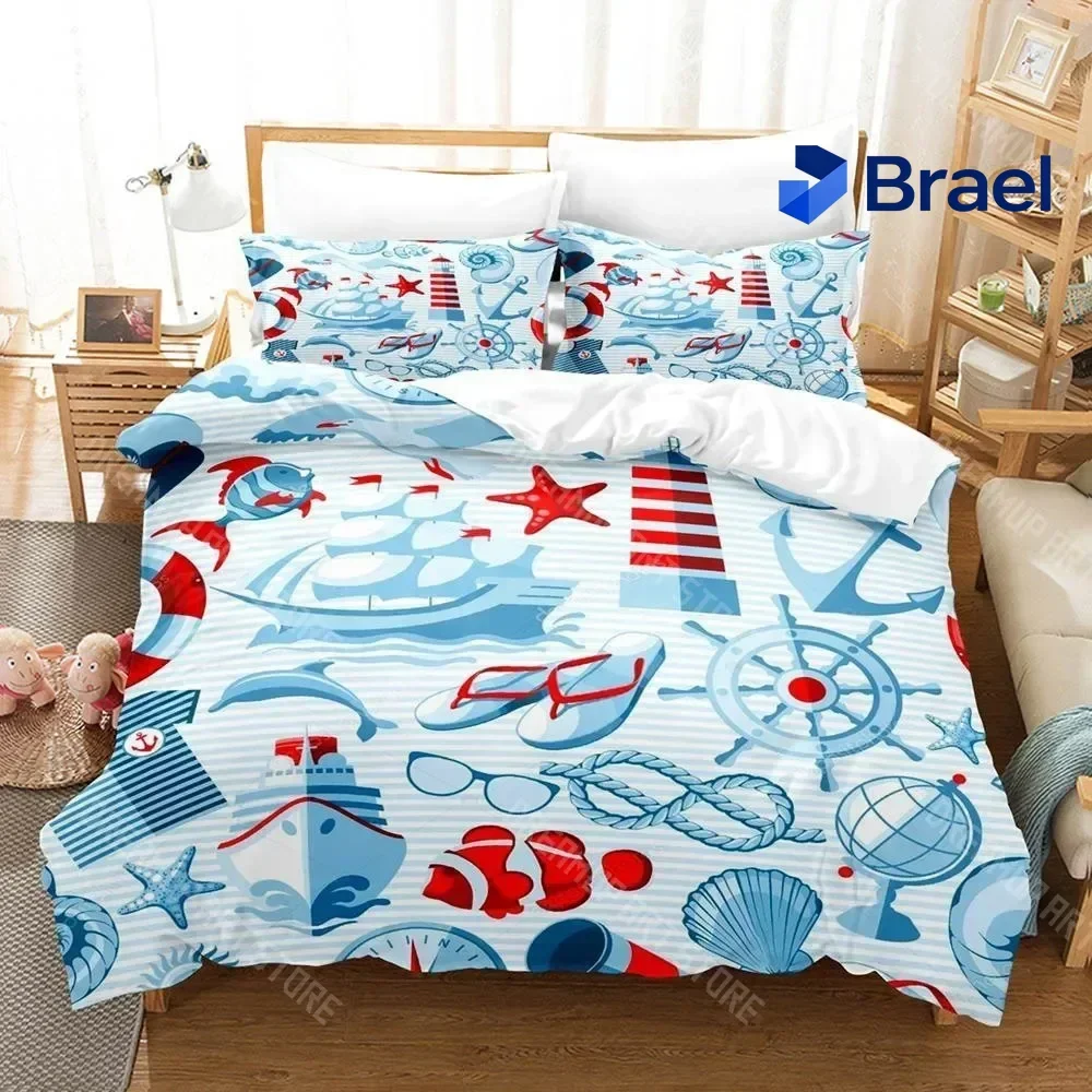 Exquisite Personelity 2024 New Blue Anchor Bedding Set Cartoon Anime Three-piece Set Adult Kid Bedroom Duvetcover Sets
