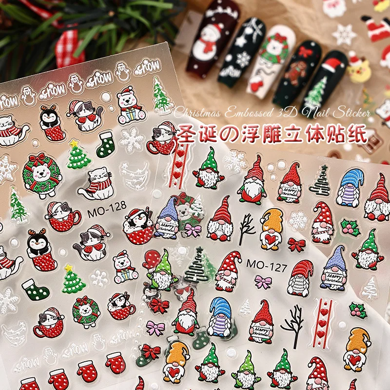 Cute Deer Christmas Nail Stickers 5D Embossed Elk Star Gingerbread Man Snowflake Santa Claus Holly DIY Winter Engraved Manicure