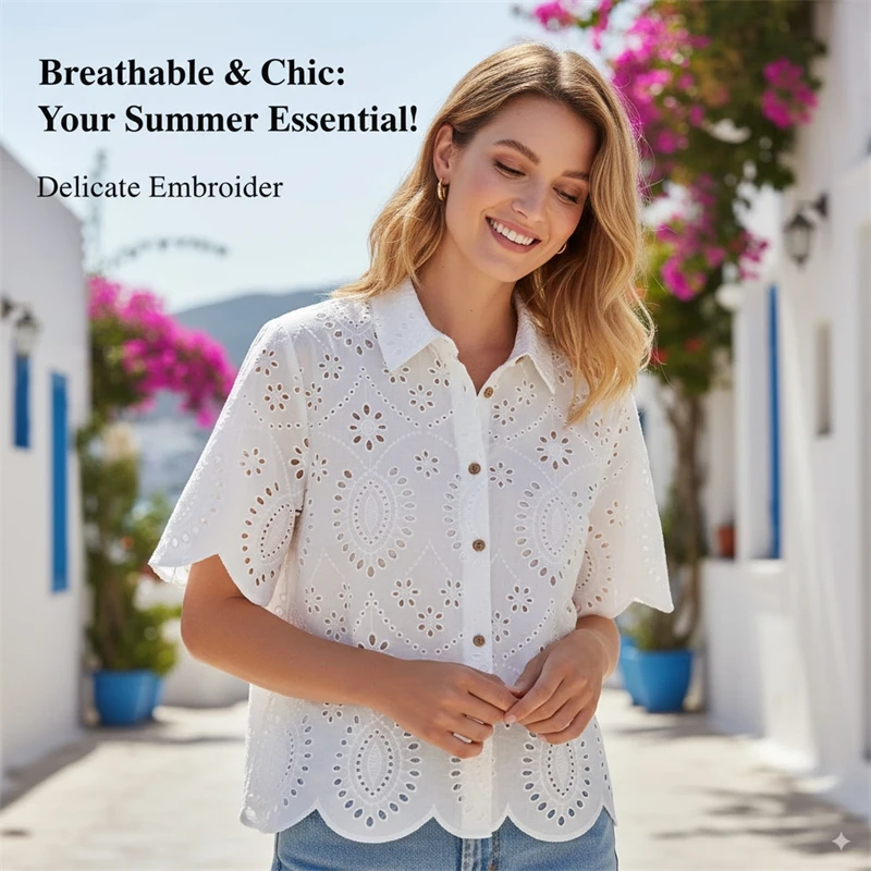 

2025 Summer Women’s Embroidered Shirt: White Short-Sleeved Lapel Top with Hollow Design – Fashionable & Breathable