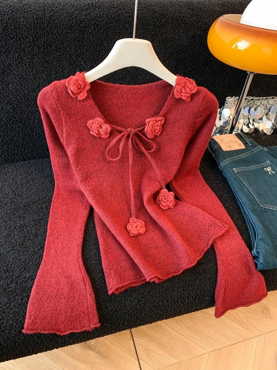 Ele Long Sve Strickpullover Damen Slim Fit Herbst Winter Faion V-Ne Weiche Polyesterfaser Bellslee Top