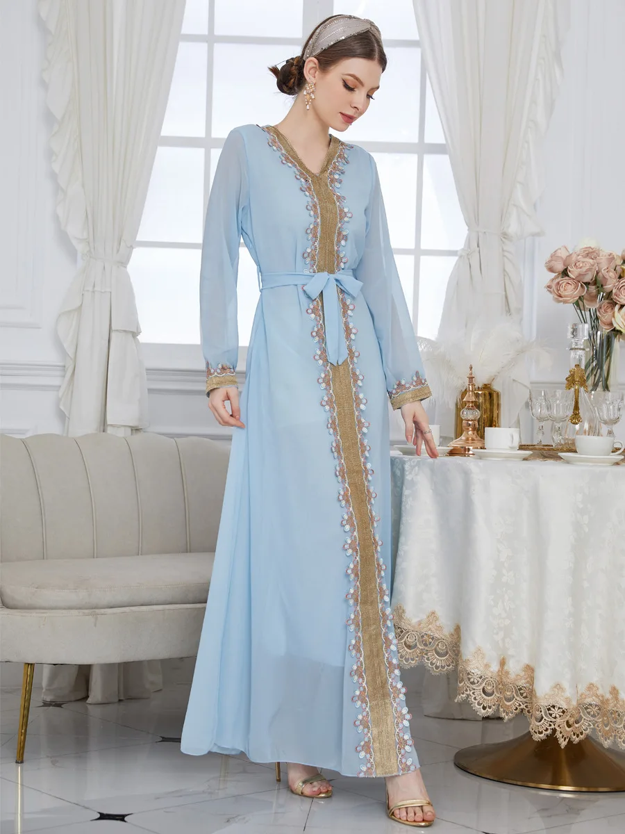 Chiffon Morocco Dress Muslim Women Abaya Prayer Lace-up Long Sleeve Robe India Abayas Dubai Turkey Longue Vestidos Largos 2022