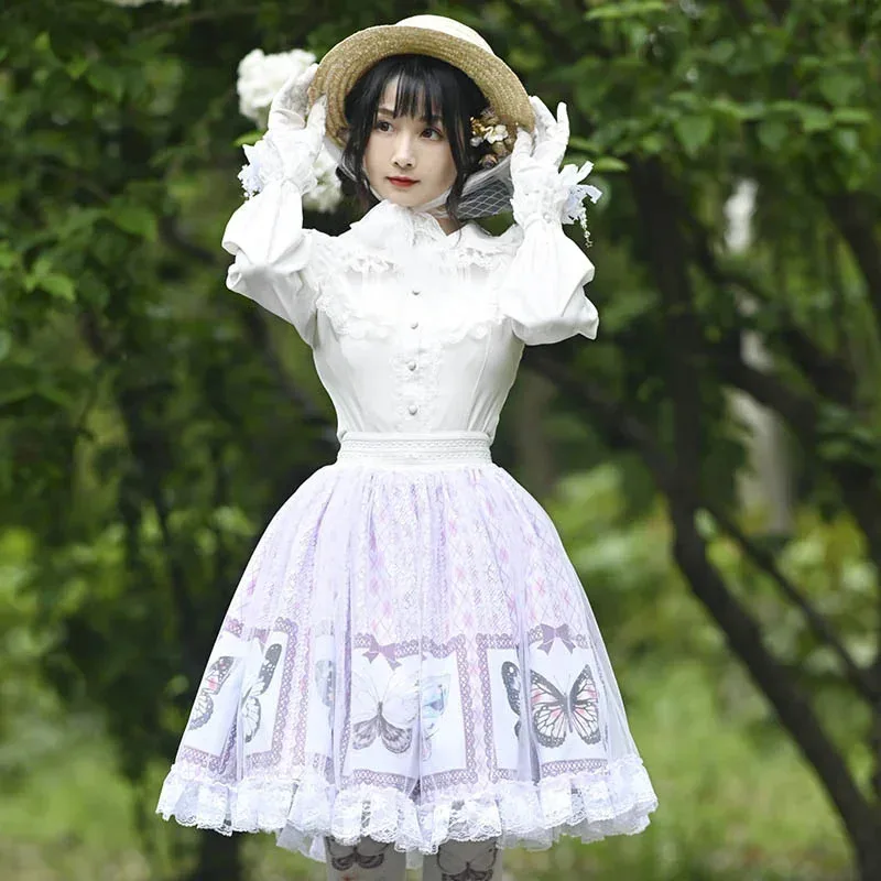 Ainclu الأصلي اليابانية لولي فتاة ناعمة الأرجواني الحلو فراشة طباعة الدانتيل شبكة مطوي لوليتا تنورة sk؛ m1