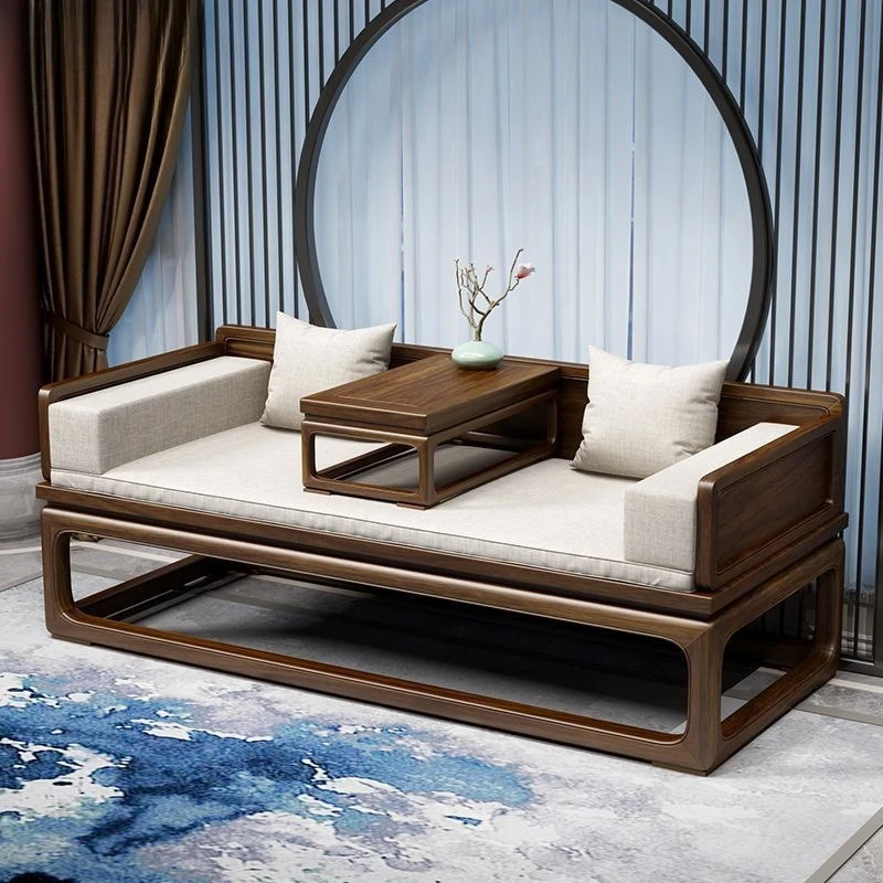 

Bed solid wood new Chinese minimalist living room small apartment sofa combination zen push-pull retractable couch