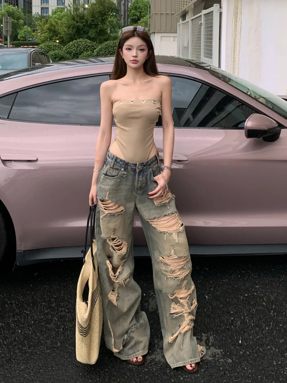 

American Hot Girl Two-Piece Set Summer New Slim Fit Tube Top Denim Wide Leg Pants High Waist Long Pants Anti-Wrinkle Casual S...