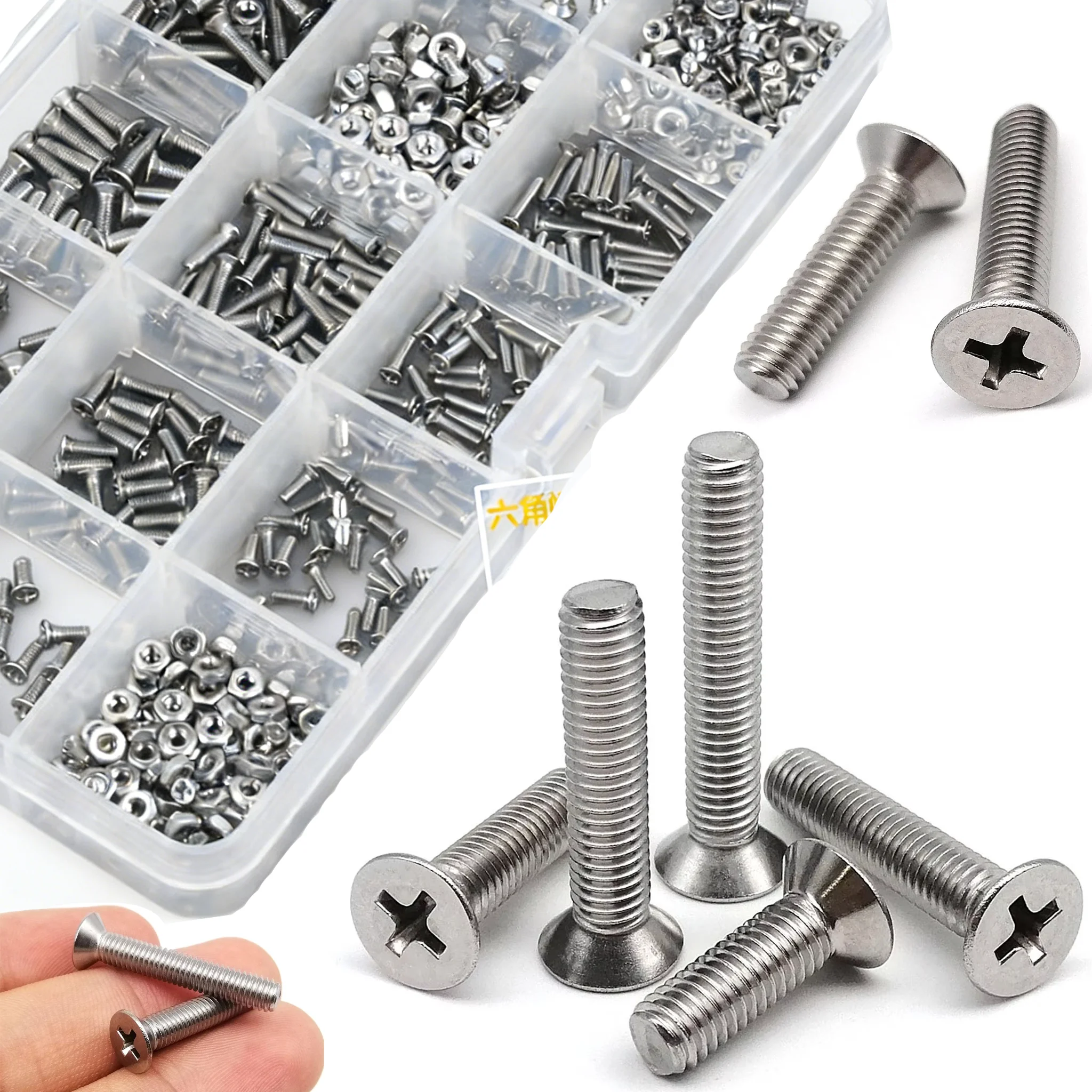 Machine Screw Assortment Kit M2 M3 M4 M5 304 Stainless Steel Phillips Flat Head Countersunk Bolt Nut Washer Spring Set Box