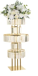 Wedding Gold Vases Centerpieces Crystal Flower Stand with Hanging Crystals, 5 Tier Round Chandelier Pedestal Stand for Wedding R