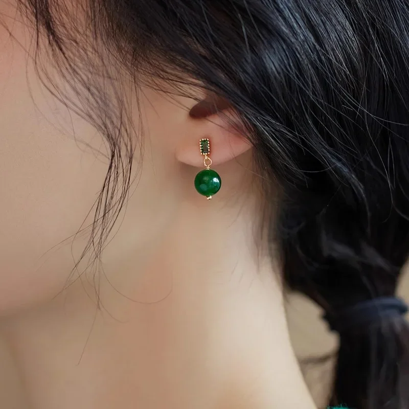 Minar Wholesale Green Color Jade Natural Stone CZ Cubic Zirconia Drop Earrings for Women 14K Real Gold Plating Copper Jewelry