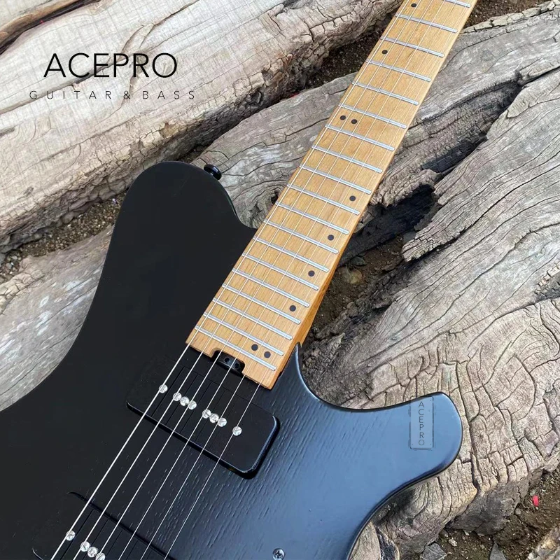 Acepro Headless Electric Guitar, P90 Pickups, Black Ash Body, Roasted Maple Neck, Stainless Steel Frets, Quality Guitarra