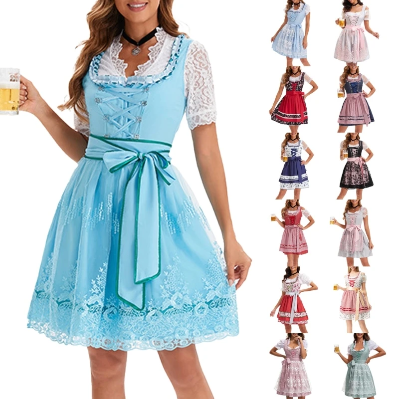 Deutsches bayerisches Oktoberfest-Kostüm-Set, Halloween-Bierkostüm, Dirndl-Kleider, Bluse, Schürze, Schleifen, Band für erwachsene Frauen
