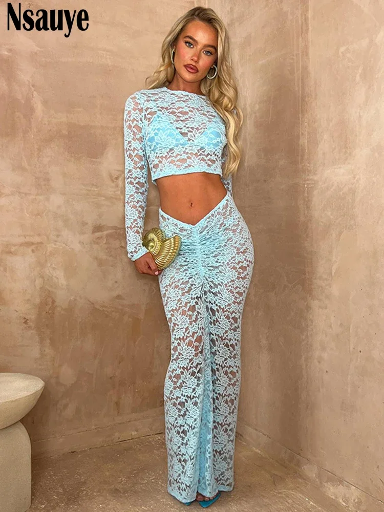 Nsauye Fashion Sexy Lace Mesh Long Sleeve Women Tops Maxi Party Low Waisted Bodycon Club Skirt Dress New In Matching 2 Piece Set