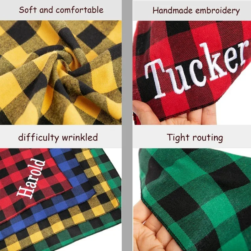 Embroidery Name Dog Bandana Custom Pet Scarf Bandana For Dog Cotton Plaid Washable Bow Tie Collar Cat Puppy Triangular Scarf Bib view 2
