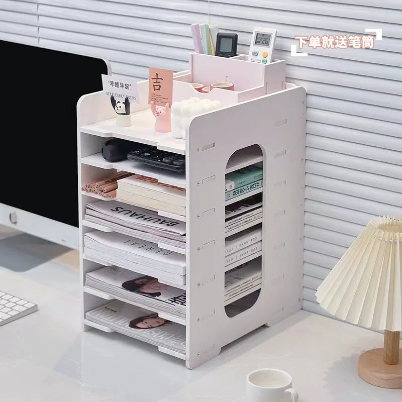 Desktop multi-layer storage file rack office supplies document storage household stationery storage rack with pen holder