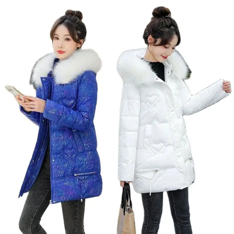 

Colorful Glossy New 2023 Winter Avoid Wash Down Cotton Jackets Women's Fur Collar Hooded Thicken Student's Warm Coat