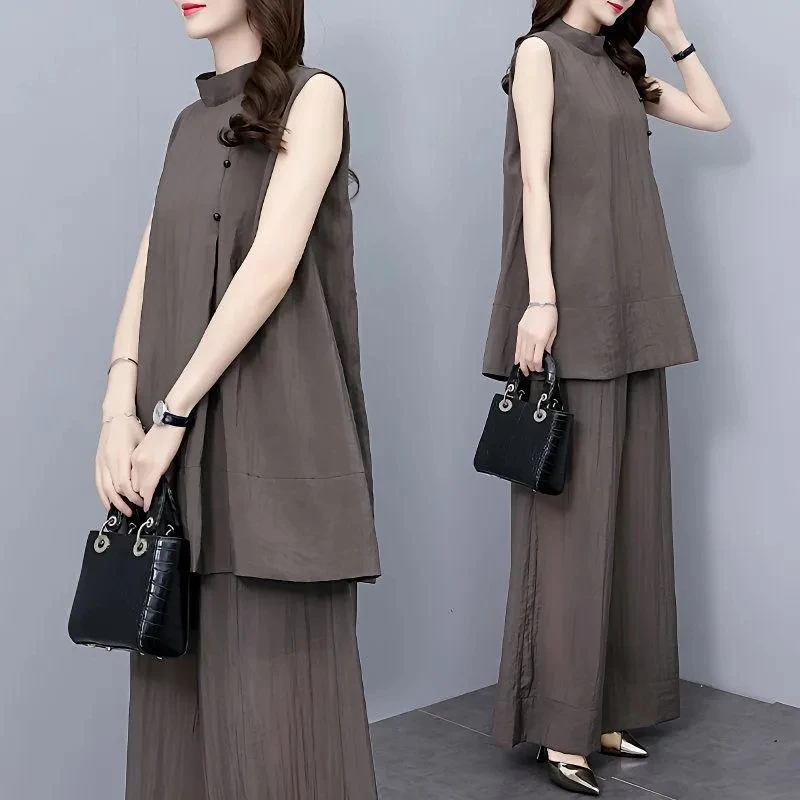 Модный женский костюм, новинка лета 2023, женские широкие брюки, свободный наряд без рукавов, темпераментный легкий ветер, комплект из двух предметов