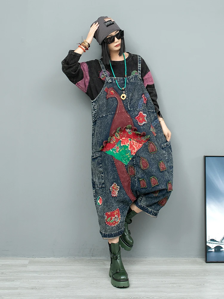 New Fashion Patchwork Pockets Embroidered Appliqué Denim Jumpsuits Women's Autumn Loose High-waisted Streetwear One-piece Pants