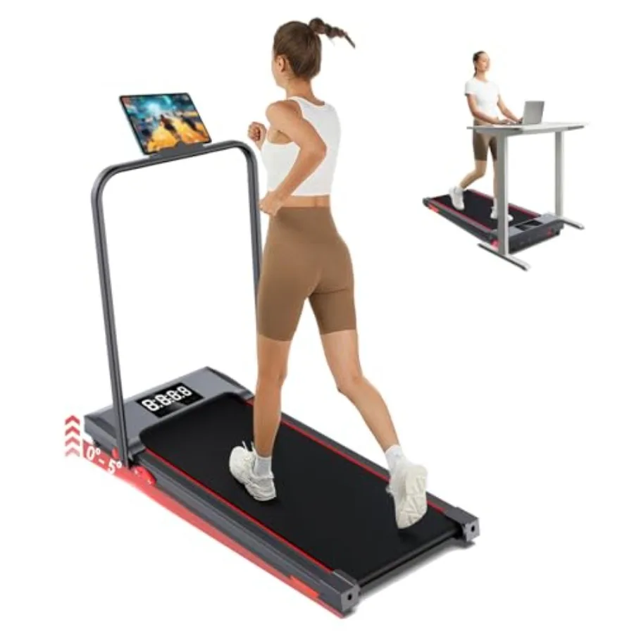 Cinta de correr con almohadilla para caminar con barra inclinada y asa, cinta de correr de 7,5 MPH debajo del escritorio para la oficina en casa, cinta de correr portátil con capacidad de 360 libras