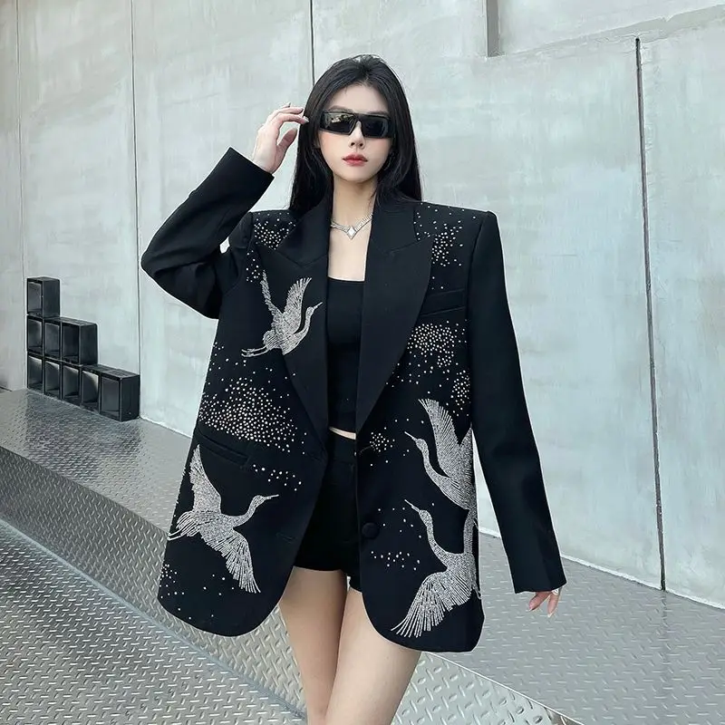 Insozkdg Black High end Hot Diamond Suit Jacket for Women Spring New Luxury Loose Casual Shoulder Padded Suit Blazers Women Top