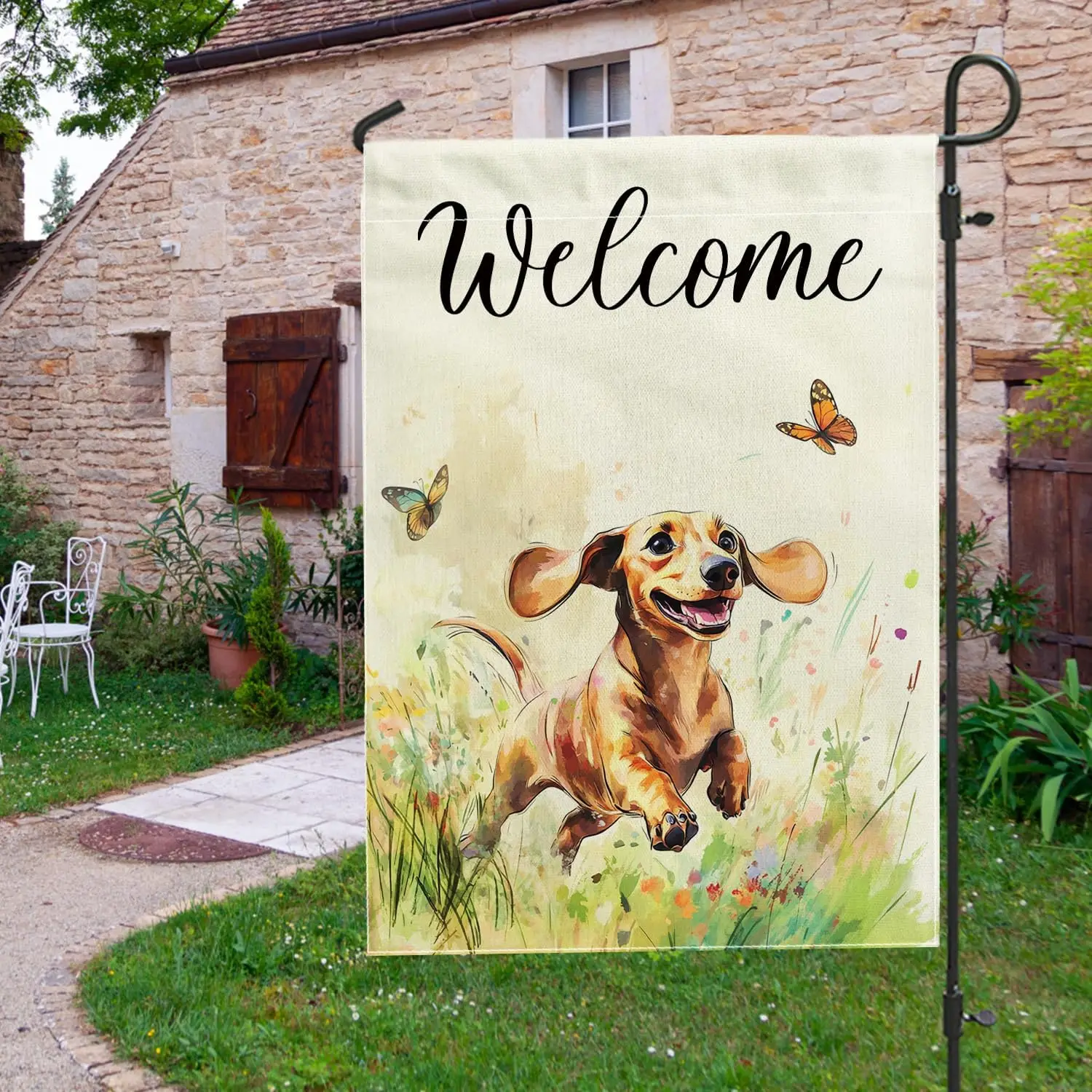 Spring Dachshund Dog Garden Flags 12x18 Inch Double Sided for Outside, Watercolor Flower Plant Standard Burlap Lawn Flags, P yyi
