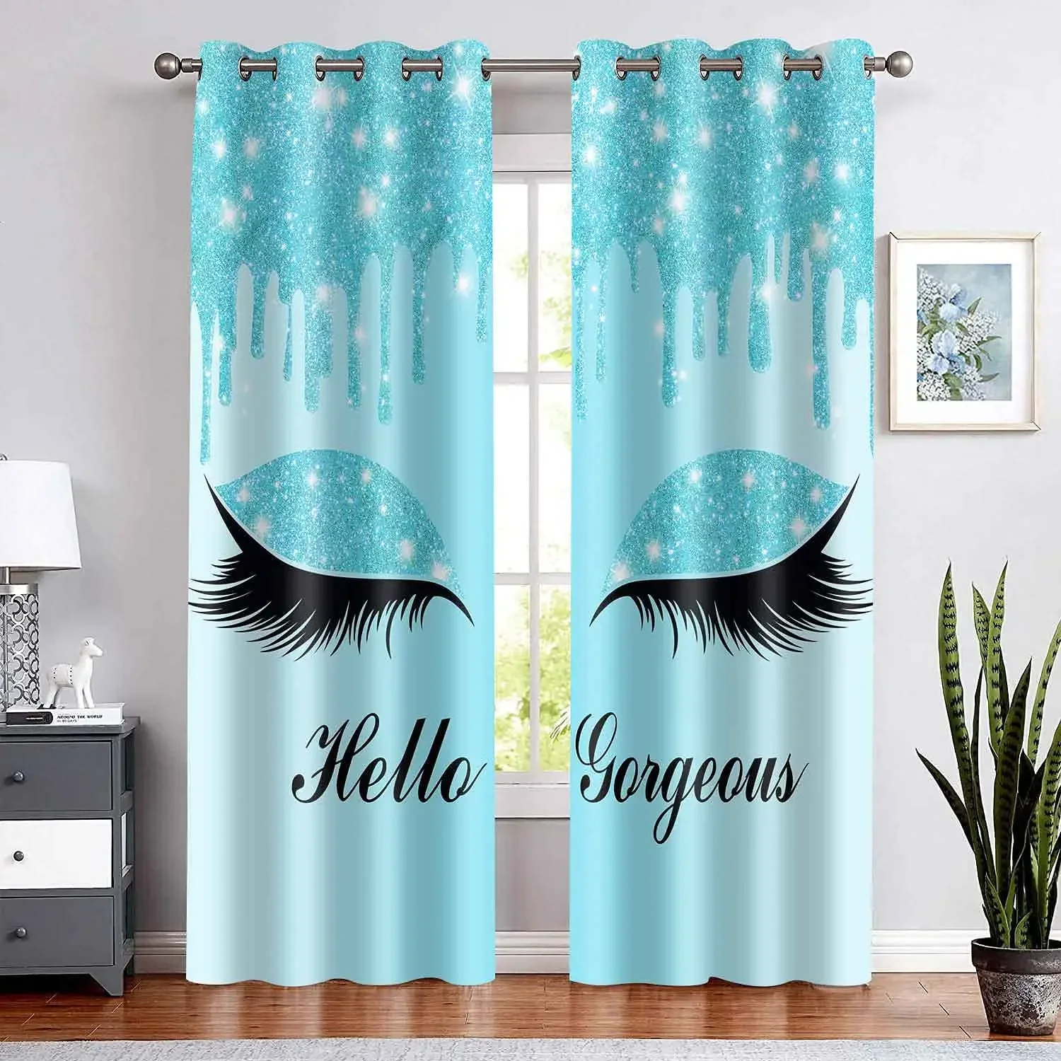 Unicorn Eyelash Curtain Rose Gold Drips Girl Light Filtering Window Curtains for Living Room Bedroom 2 Pieces