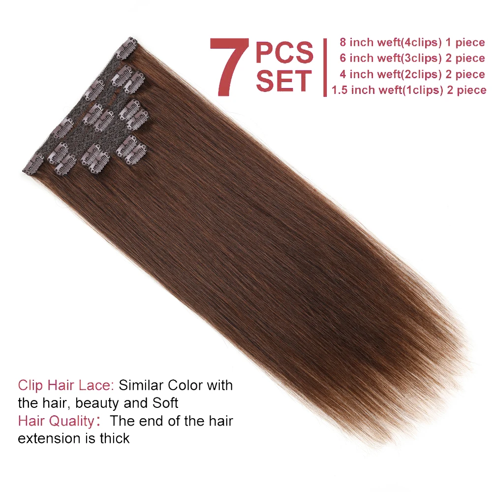 Brown Clip In Hair Extensions Lace Clip 100% Real Hair Clip In Human Hair Extensions for Women Add Hair 4# 20 Inch 70g 7pcs/Pack