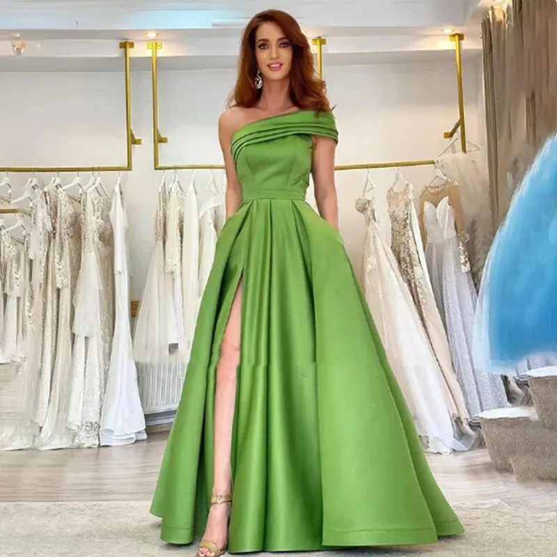 

Aleeshuo Green Long Prom Dresses Satin Wedding Party Off The Shoulder Formal Prom Party Gowns Side Split Womens Evening Gown