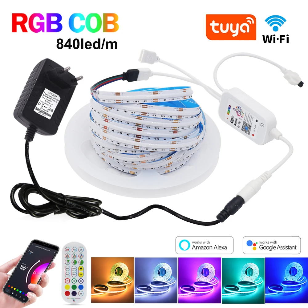 12V 24V Smart RGB COB Led Strip Tuya WiFi Remote Control 840leds/m Flexible RGB Tape Adhesive COB Light For Room Support Alexa