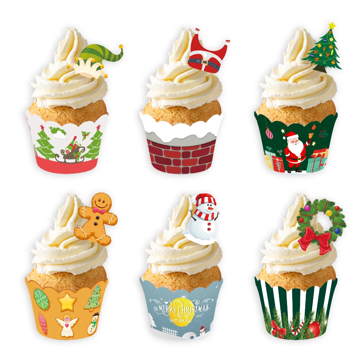 12sets Christmas Cupcake Wrapper With Cake Topper Bake Cake Paper Liner Wraps Merry Christmas Navidad New Year Party Cake Decor