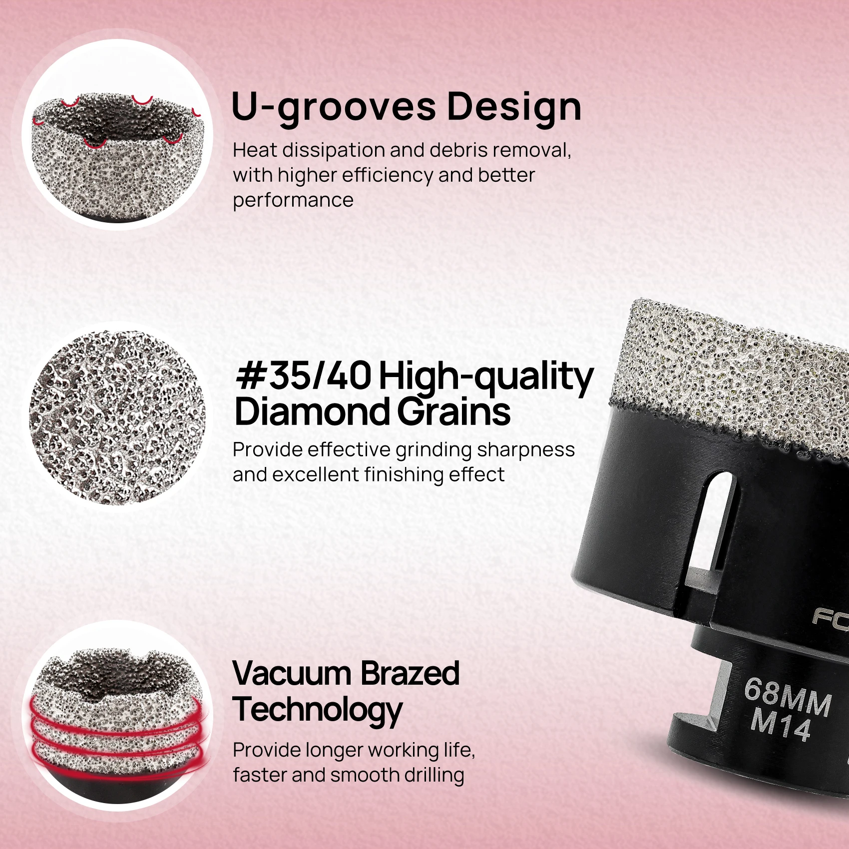 FOCSTOL Diamant-Bohrer-Set 4-teilig 20-68mm für Fliesen Granit Marmor Stein Lochsäge Kernbohrer Lochsägebohrer – Detail 2