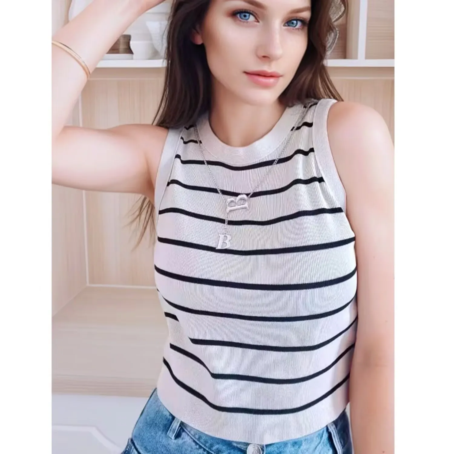 Pull rayé d'été pour femmes, gilet court, chaîne décorative, élastique, Style basique, Style collégial, haut tricoté pour les déplacements