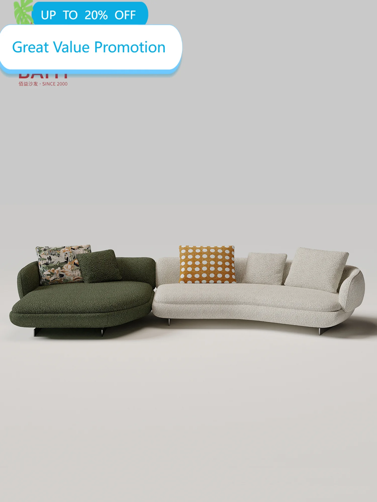Two Tone Boucle Curved Modular Sofa Ivory And Olive Green 2 Piece Dialogue Design Metal Legs For Living Room Villa Bedroom