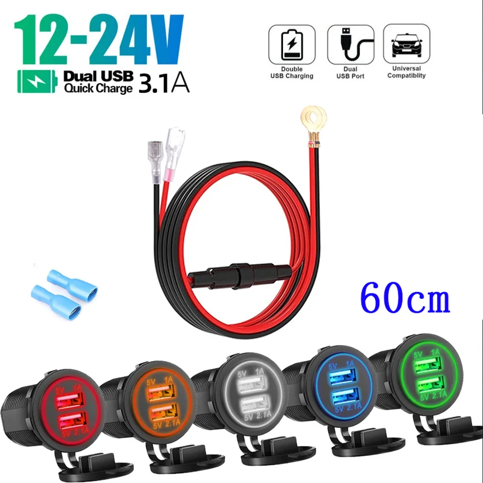 

5V 3.1A 12V Dual USB Car Charger with LED Panel Waterproof Power Adapter Socket Outlet for Vehicle Boat Truck Motorcycle