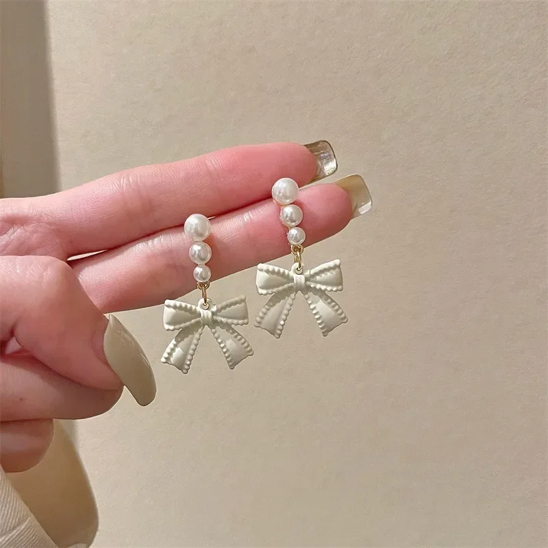 

smvp 925 Silver Needle 2024 Trendy Summer White Bow Pearl Earrings Party Exquisitely Designed Ear Studs Jewelry Beautiful Gifts