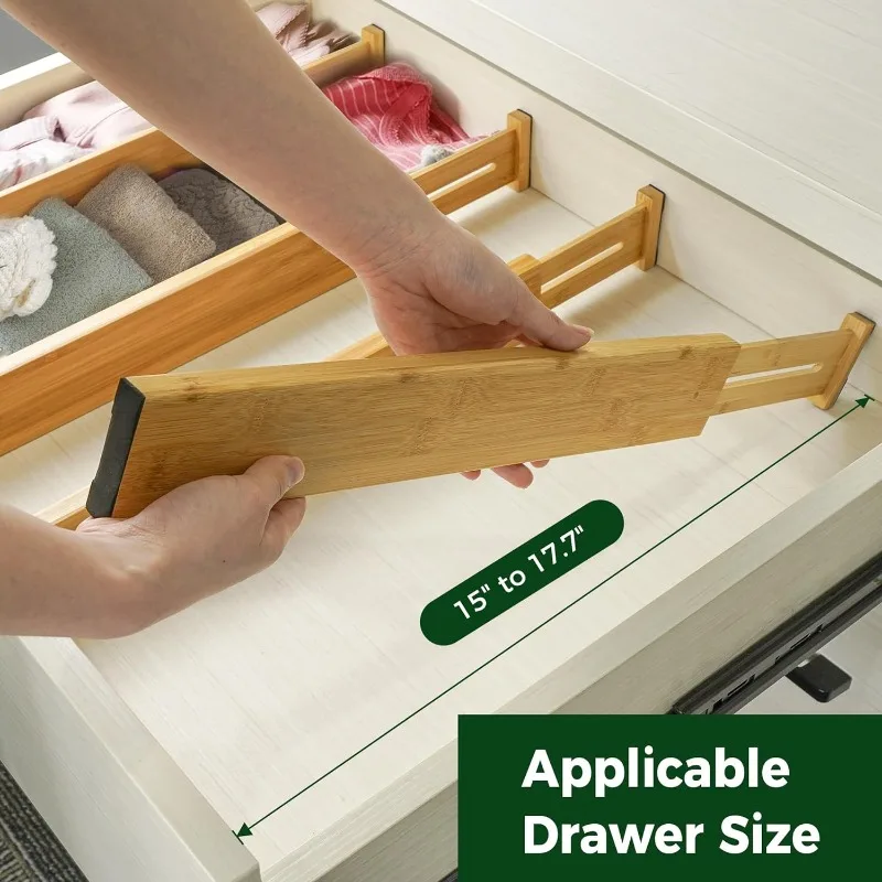 4PCS Bamboo Drawer Dividers Bedroom Kitchen Drawer Storage Adjustable Expandable Drawer Dividers for Bedroom,Dresser, Desk