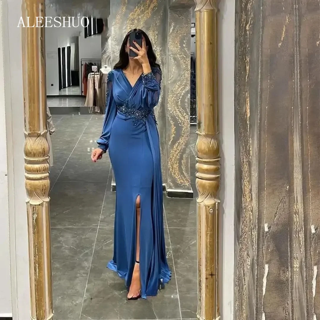 

Aleeshuo Sexy V neck Royal Blue Mermaid Evening Dresse Glitter Beadings Party Prom Evening Gowns Robe soirée Side Slit