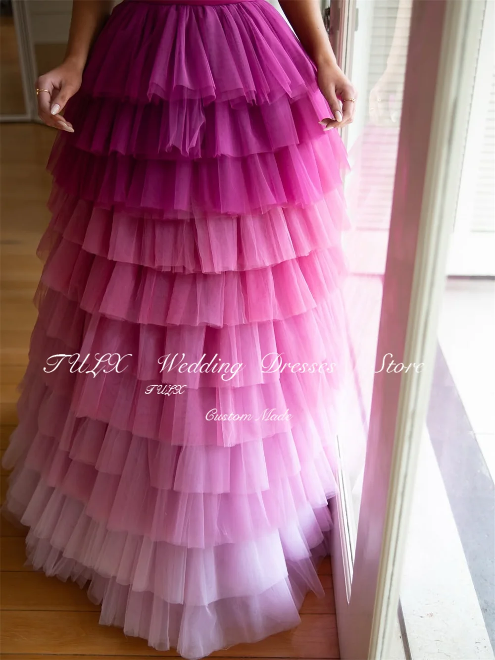 TULX luxe Tulle dégradé violet robes de bal sans bretelles perles robes de soirée une ligne longue à plusieurs niveaux robe de soirée formelle personnalisée