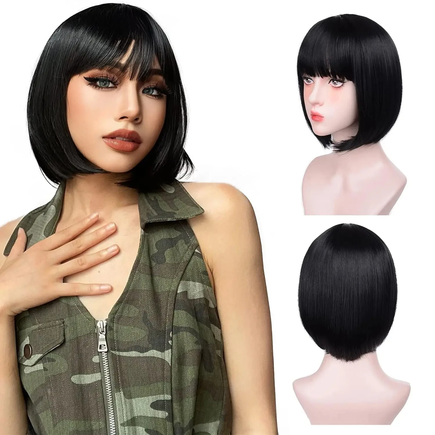 Kurze Bob-Frisur, rote synthetische Perücke für Halloween-Party-Cosplay, täglichen Gebrauch, Hochtemperatur-Haaraccessoire-Perücken-Set – Detail 13