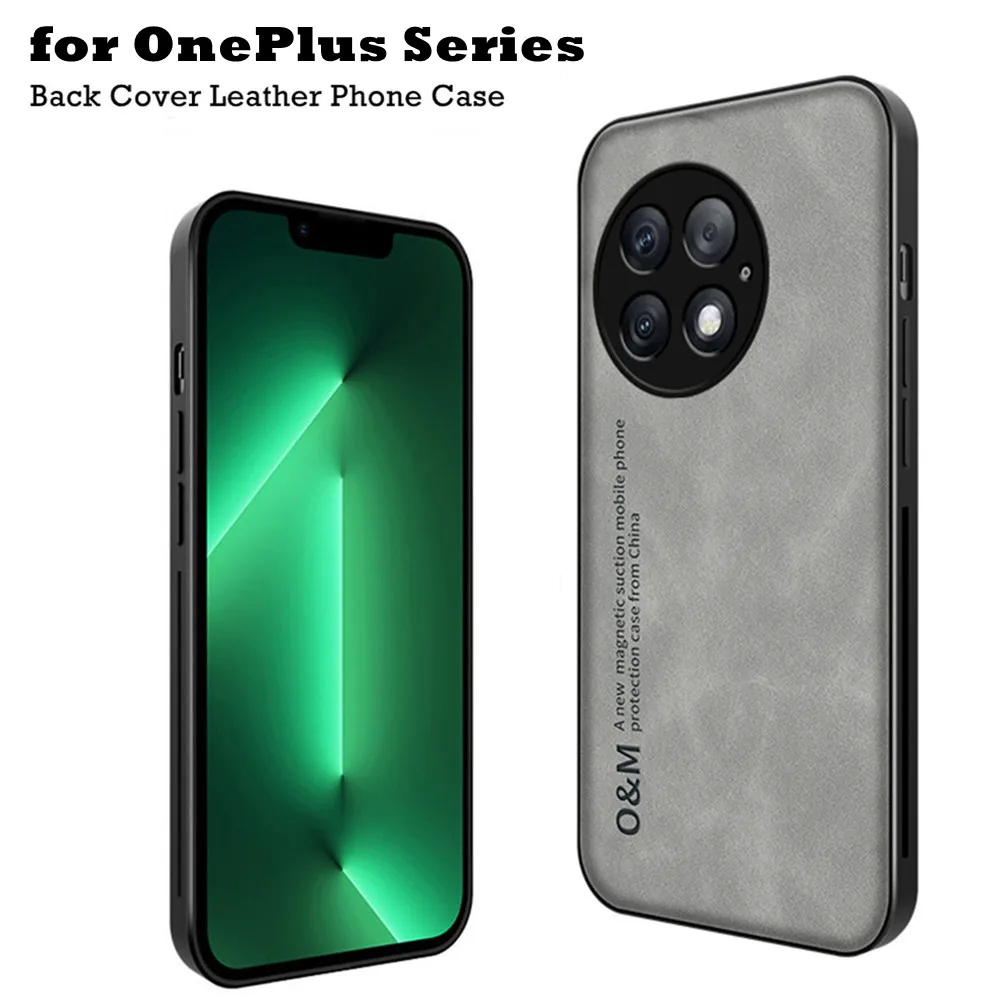 Coque arrière de luxe en cuir pour OnePlus 11 12 13 15 11R 12R 13R 15R Nord CE6, coque fine magnétique en fer intégrée