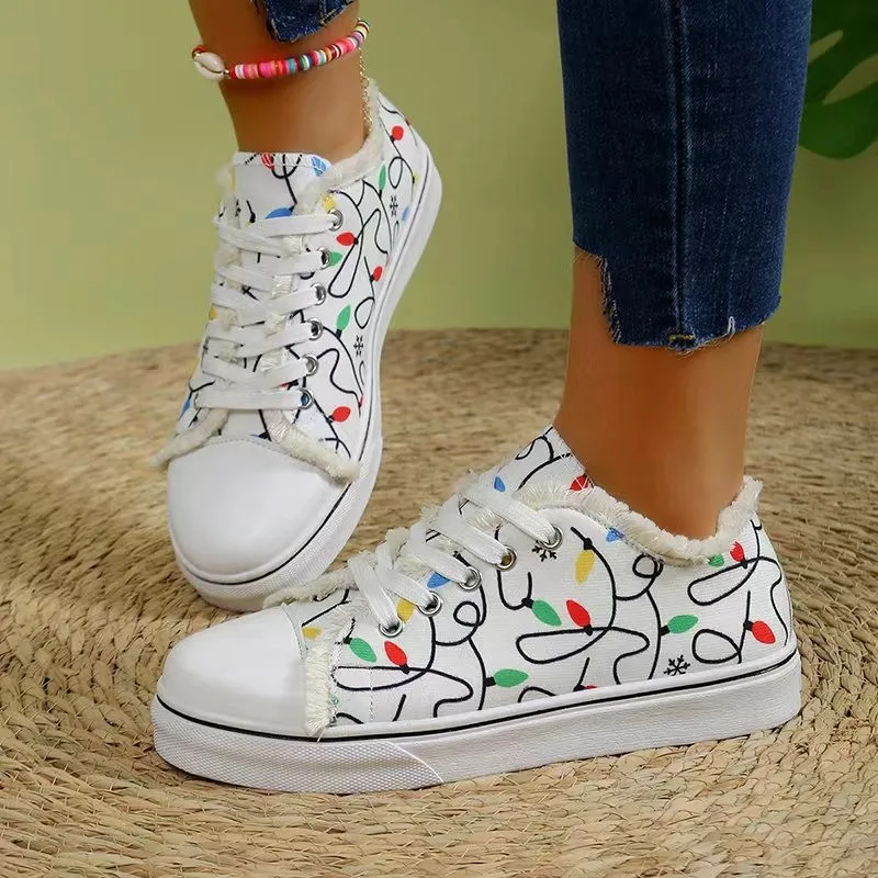 

Женская парусиновая обувь с принтом, повседневные кроссовки на плоской подошве со шнуровкой и круглым носком, женская модная дышащая вулканизированная обувь, Zapatillas Mujer