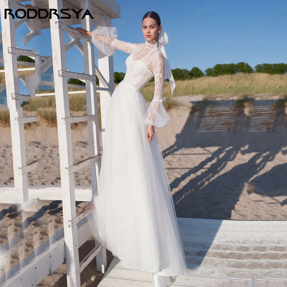 RODDRSYA gaun pengantin renda sipil 2024 gaun pengantin A-Line Tulle lengan panjang kancing belakang leher tinggi ukuran Plus vestido de noiva