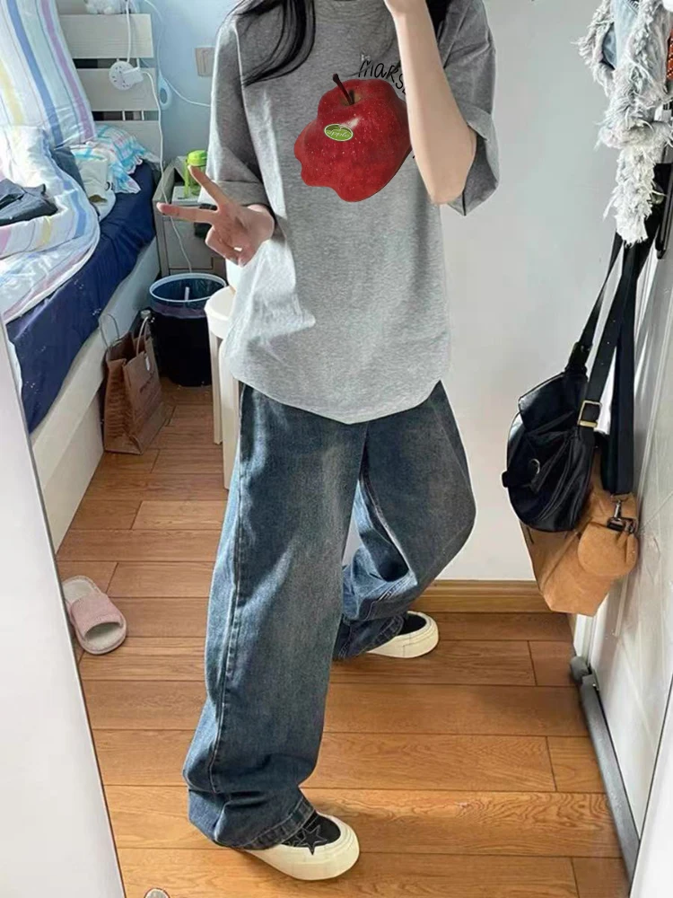 القطن الخالص التفاح الأمريكي تذوب الطباعة الإبداعية قصيرة الأكمام تي شيرت المرأة الصيف تصميم رمادي الجبهة الكتف تي شيرت عادية