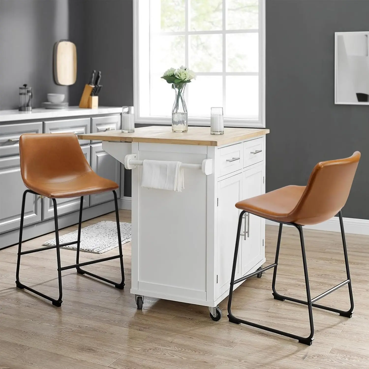 26' Counter Height Bar Stools Set of 4, Modern PU Leather with Metal Legs & Footrest (Whisky)