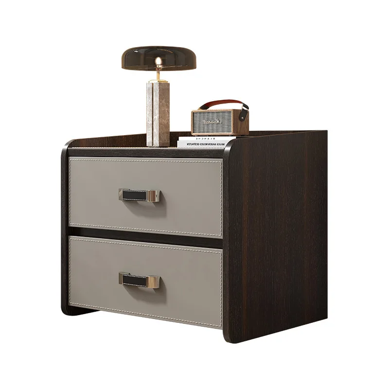 New saddle leather, Italian minimalist bedside cabinet, light luxury