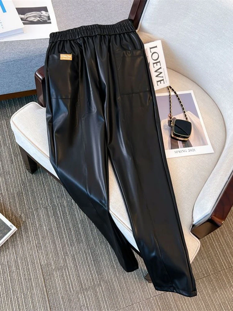 Women Leather Pants Elastic Waist Stright Solid Faux Leather Pants Autumn Winter Loose Casual All-Matched Office Ladies Trousers